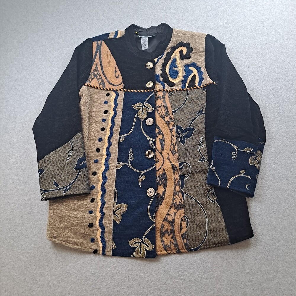 Vintage Indigo Moon Jacket Woman Medium Blue Tapestry Patchwork Lagenlook Boho